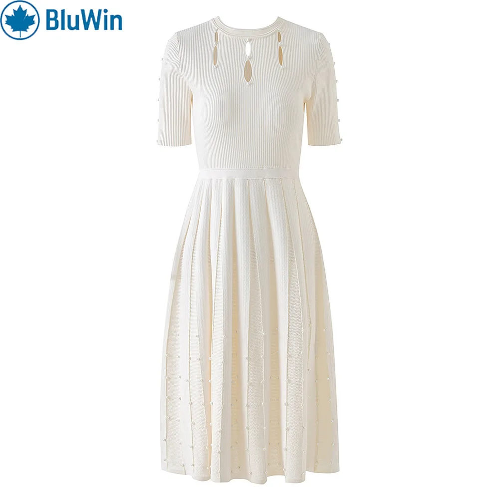 

BluWin 2025 High-End Beaded Hollow Out French Chic Short Sleeve Knit Dress – Luxury Elegant Black White Mini Dress for Women
