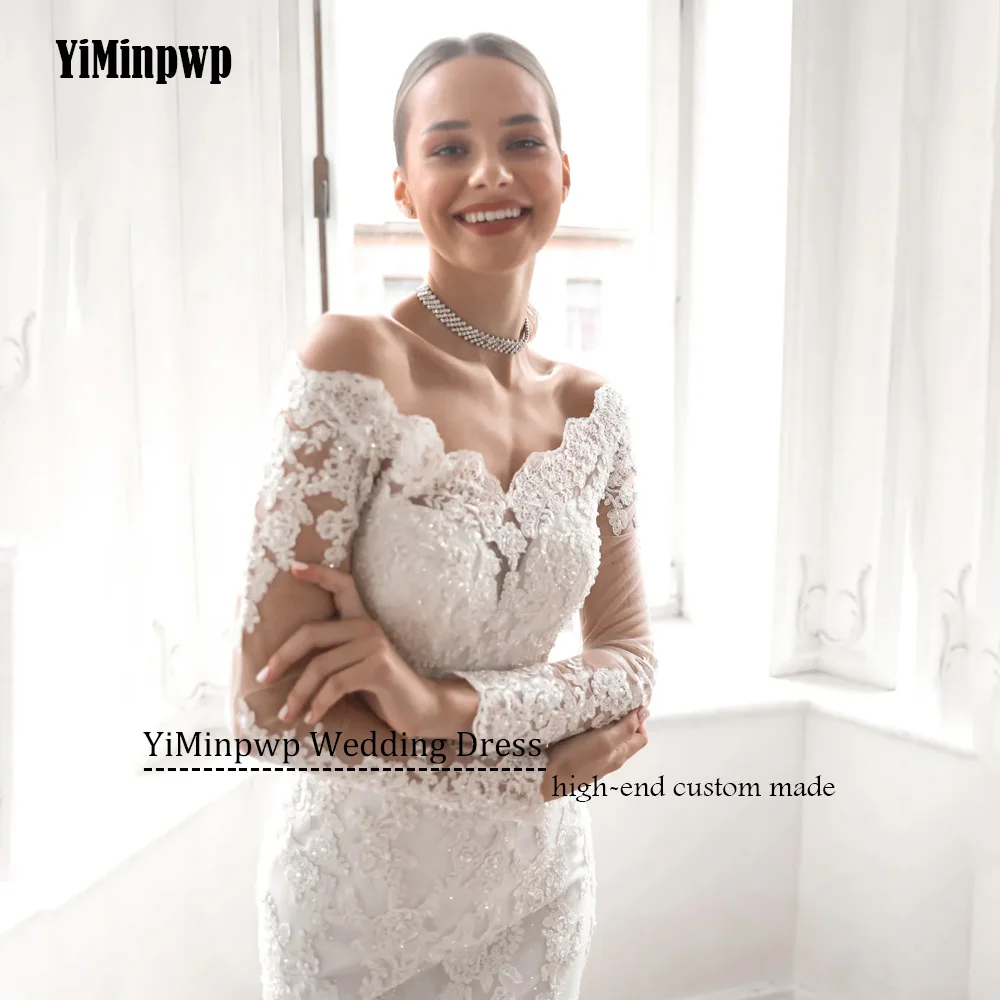 فساتين زفاف متألقة مكشوفة الكتف 2025 فاخرة بأكمام طويلة مزينة بقطار قابل للانفصال حورية البحر دانتيل فساتين العروس حسب الطلب