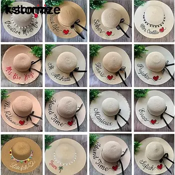 Personlig anpassad textlogotyp broderad strandhatt med namn bred brätte vikbar kvinnor sommar solstråhatt brud brudtärnegåva 6 best sales Sun visor hat - №4