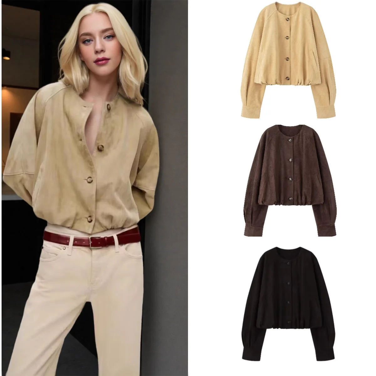 

Y2K элегантное пальто из искусственной замши женская свободная куртка High Street простая классическая куртка с круглым вырезом плиссированные пуговицы карманы свободная верхняя одежда