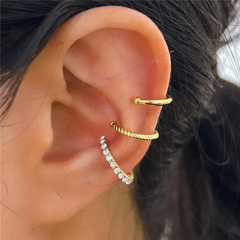 3PCS Vintage Simple Metal Crystal Ear Cuff for Women Teens Gold Color Non Piercing Fake Cartilage Clip Earrings Set Jewelry Gift