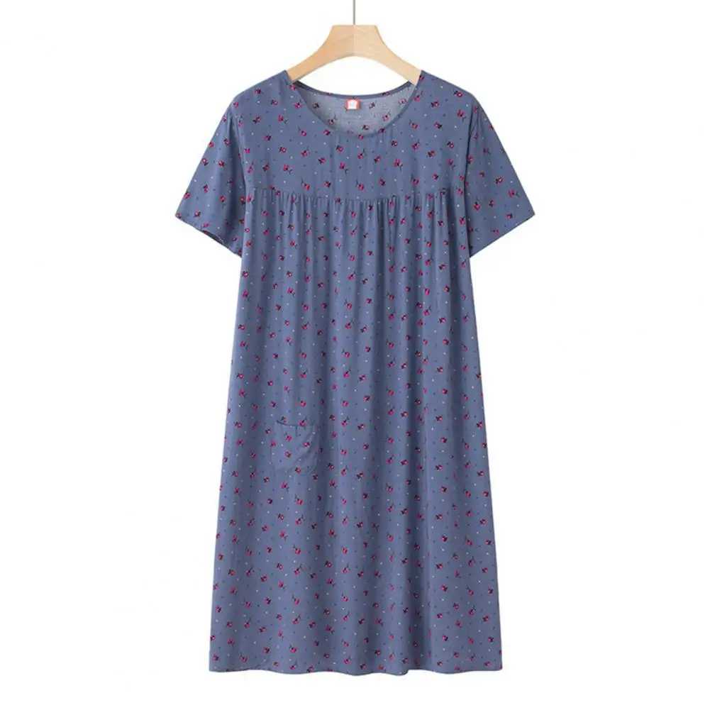 Women Nightgown Elegant Floral Print Nightgown for Women Stylish Mid-aged Female Sleepwear with Short Sleeves Pleated for Summer