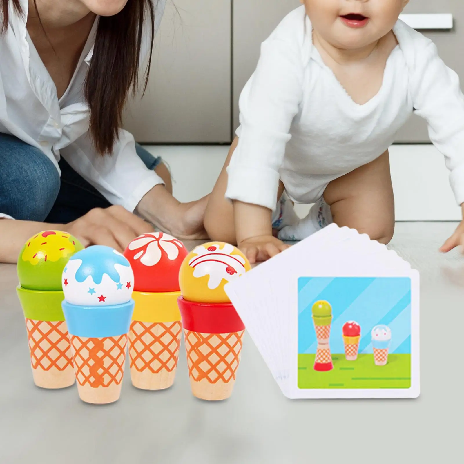 4 Pieces Wood Ice Cream Playset Education Food Toy Set for Boys Girls Kids