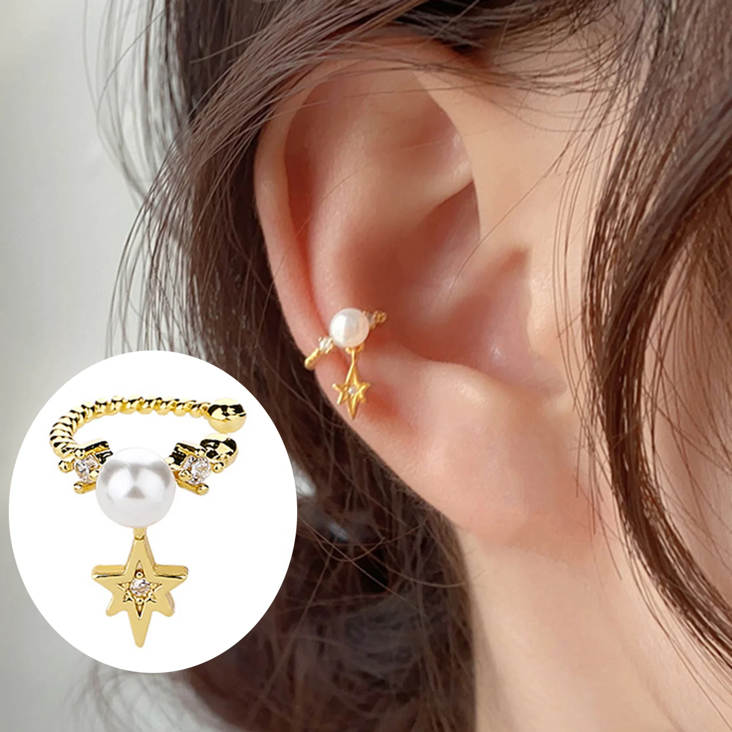 1Pc Minimalist Pearl Ear Cuff Clip Earrings Non-Piercing Bone Six-Pointed Star Ear Ring Earrings For Women Jewelry