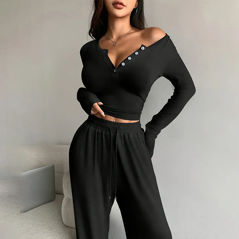 Women's Pajamas 2 Piece Set Sexy Tight-Fitting Button V-Neck Long-Sleeved Drawstring Long Trousers Casual Homewear Spring Autumn