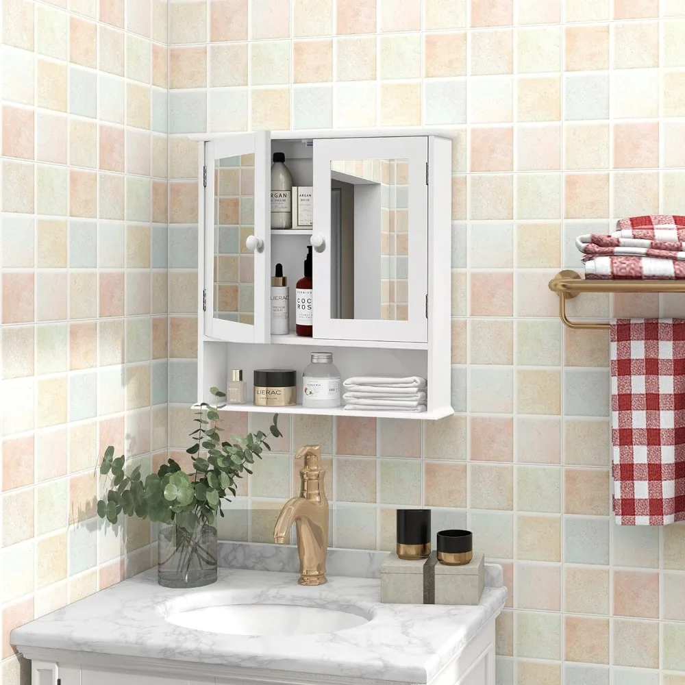 Medicine Cabinet, Medicine Cabinets for Bathroom with Mirror 2 Doors 3 Open Shelf, Bathroom Cabinet Wall