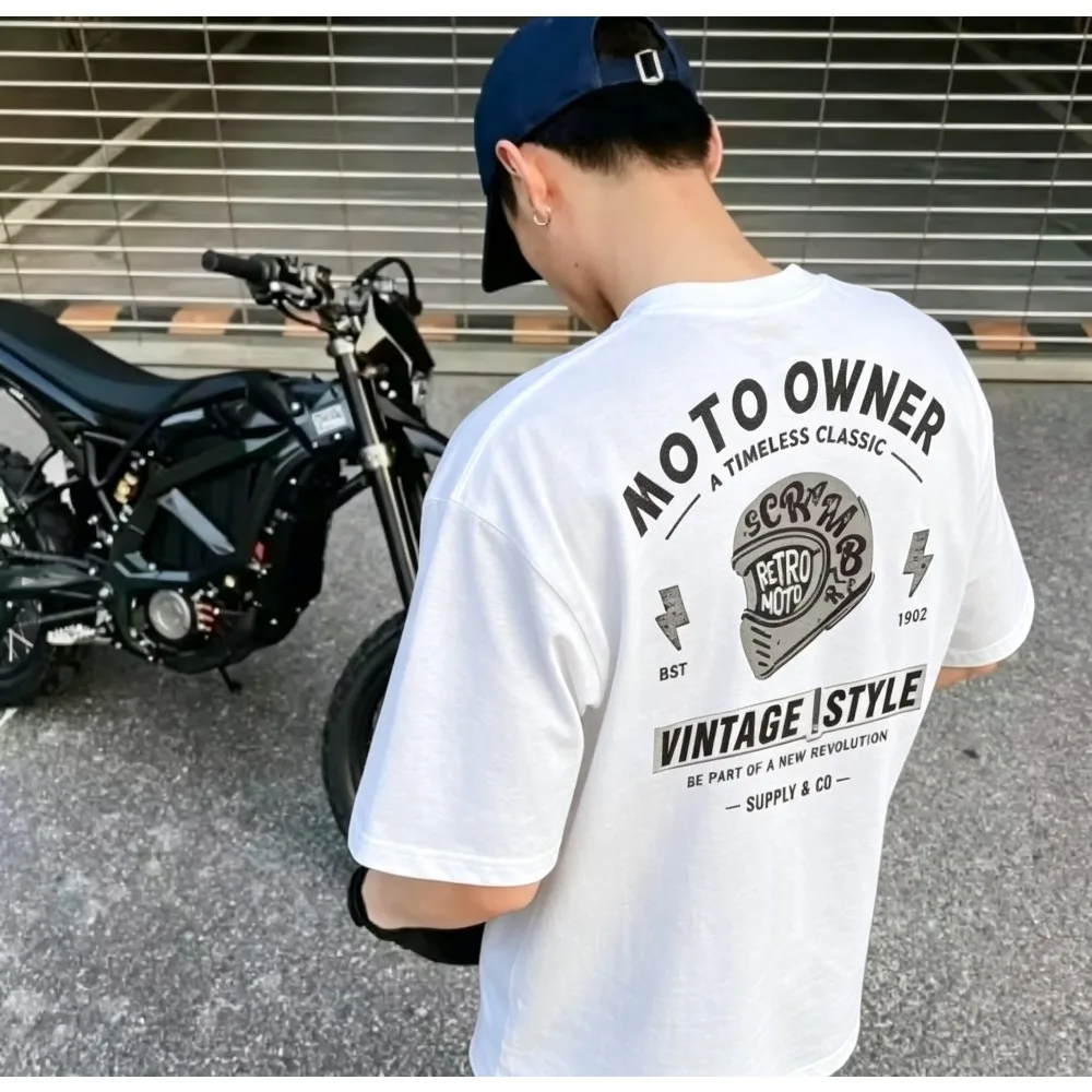 2026 New  Summer MOTO OWNER Vintage Men's Oversized T-shirt, Retro Motorcycle Helmet Graphic Biker Streetwear Top