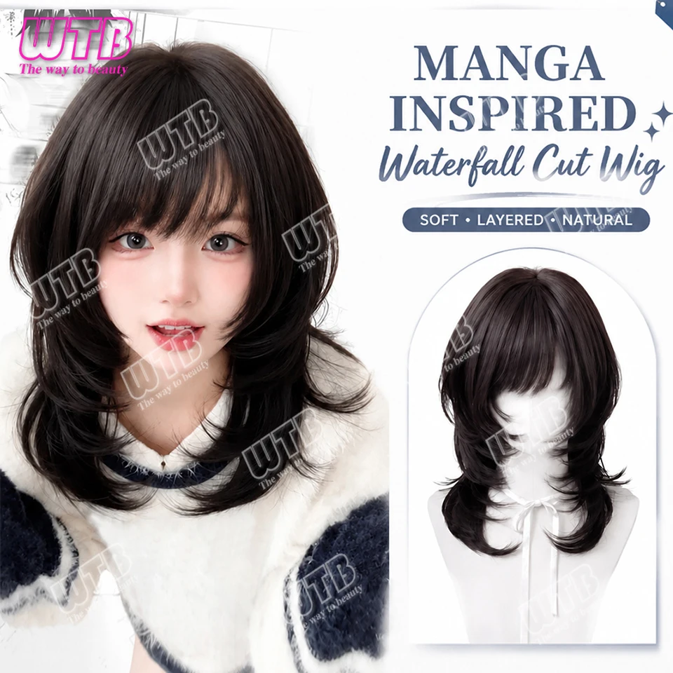 Medium Straight Layered Wigs Synthetic Cosplay Party Fake Hair With Princess Cuts Bangs Lolita Wig Girl Cute Halloween Harajuku