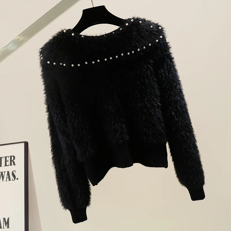 Heavy Beaded Sailor Collar Imitation Fur Single-Breasted Long Sleeve Sweater Fashion Long Sleeve Slim Elegant Cardigan Coat Lady