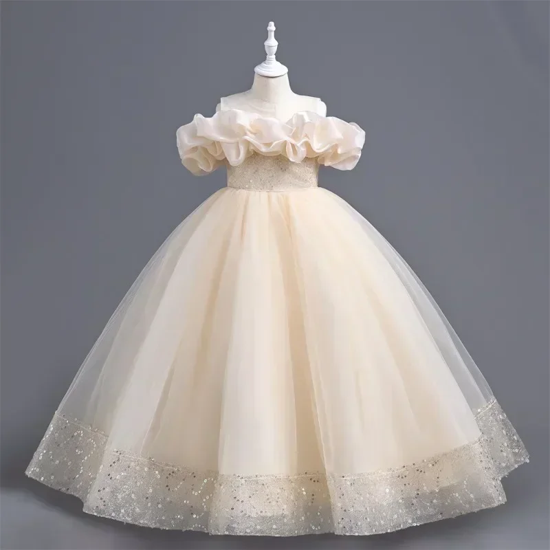 Flower Girls Sequined Evening Ball Gown Long Dress Tween Children Party Princess Dress for Weddings Performance Mesh Dress