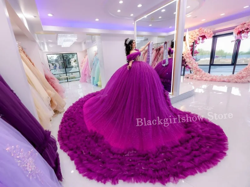 Grape Purple Quinceanera Dresses 2024 Luxury Princess Off Shoulder Sheer Corset Lace Applique Cathedral Train Dresses gala