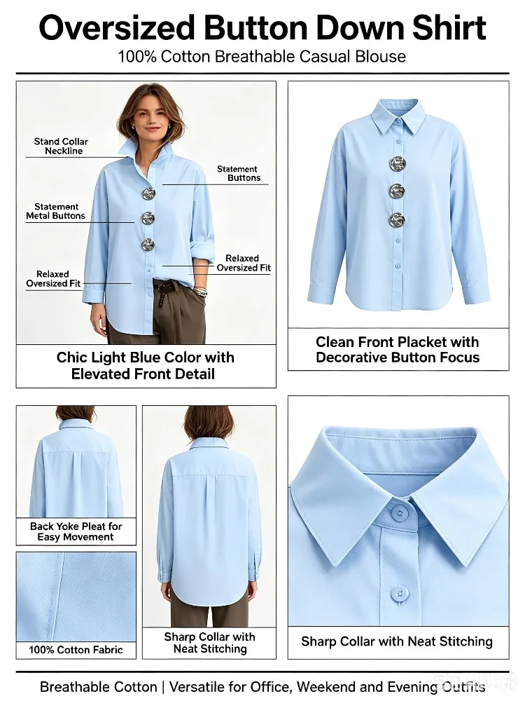 Yeezzi Women's Cotton White Buttoned Shirt 2026 New Elegant Loose Lapel Blouse Casual Long Sleeves Office Tops For Ladies
