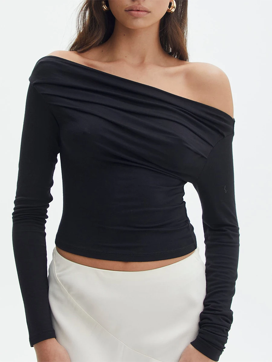 Going Out Tops Y2k Coquette White Sheer T Shirts Off Shoulder Long Sleeve Crop Top Spring 2024