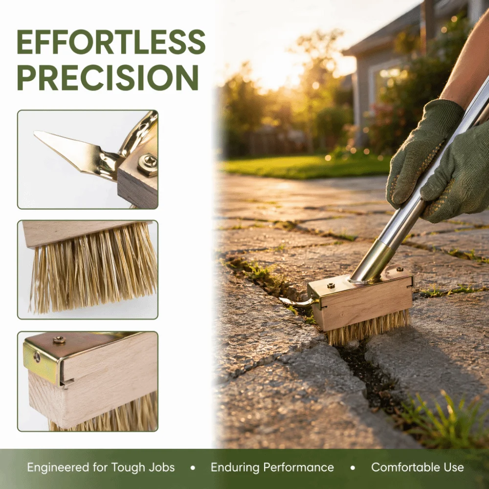 Solid Wood Handle Weeding Brush Long Handle Steel Wire Bristles Garden Brush 100mm Length Ergonomic Handle Ground Scrubber