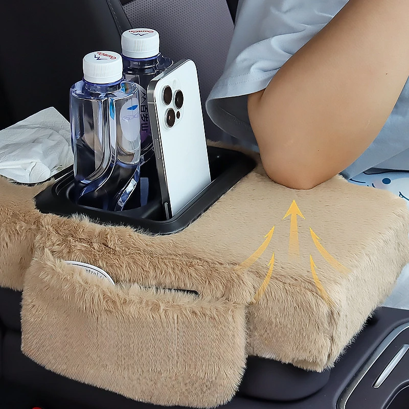 Plush Car Center Console Armrest Cushion with Cup Holder 4 in 1 Winter Warm Auto Arm Rest Hand Support Tissue Box Pillow Height