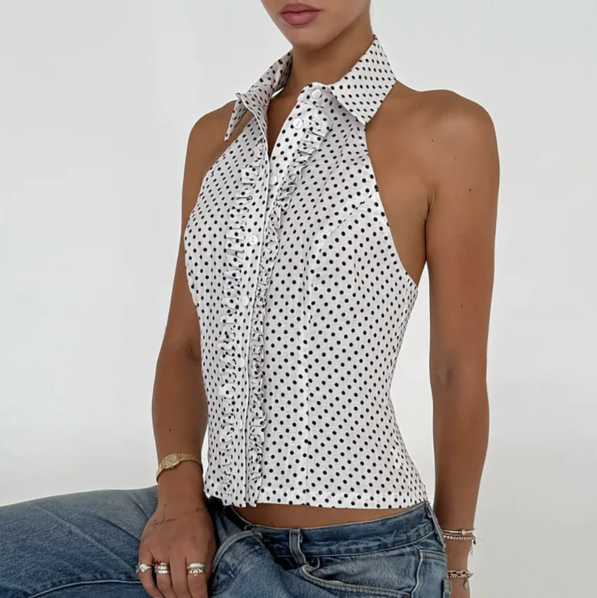 

Summer New Fashion Polka Dot Temperament Backless Shirt Women's Neck Personality Leisure Commuting Europe and The United States