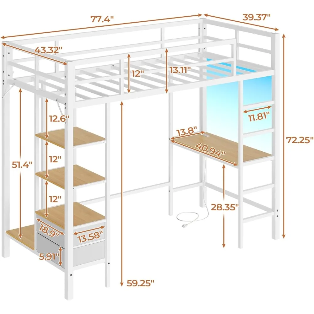 Cama alta de metal com mesa e estação de carregamento com luzes LED, prateleiras de armazenamento e gavetas Cama de tamanho duplo com trilho para roupas e escada