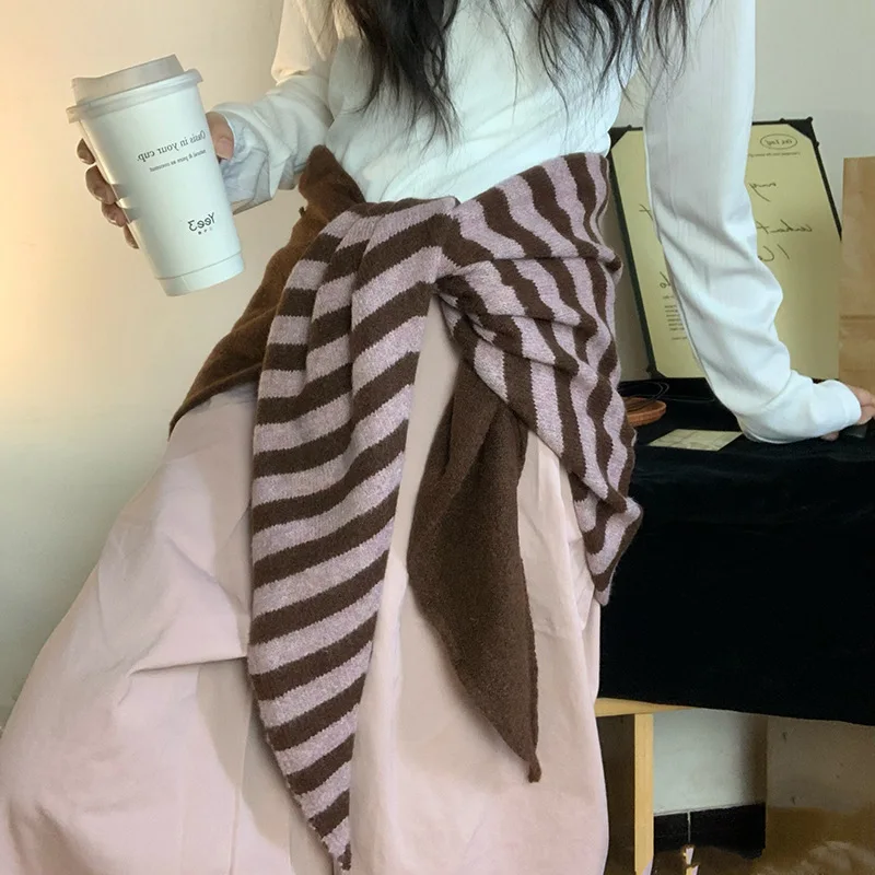 محبوك 2025 الخريف/الشتاء جديد مخطط مثلث وشاح دافئ محبوك حماية الرقبة شال #4