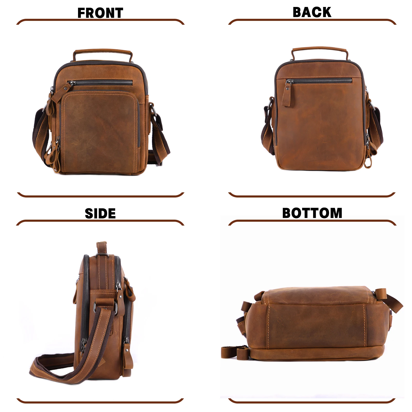 Vintage Leder-Umhängetasche für Herren, Lässige Crossbody-Tasche, Herren-Schultertasche aus Crazy-Horse-Leder, Handgefertigt – Detail 8