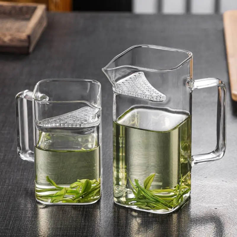 Thickened Heat Resistant Glass Teacup with Handle Green Tea Cup Moon Tooth Public Cup Square with Filter Tea Sea Dining Utensils