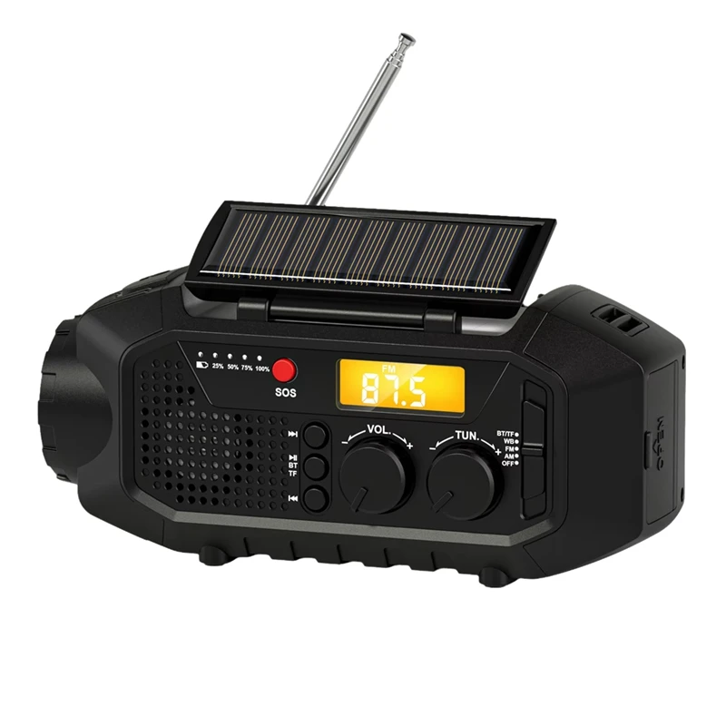 Radio d'urgence avec haut-parleur Bluetooth, radio portable à manivelle solaire, radio AM et FM pour la survie, chargeur USB, alarme SOS, lampe de lecture