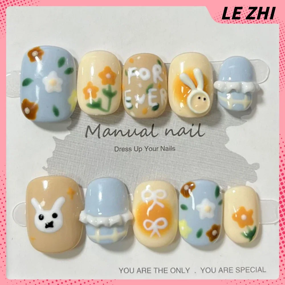 Cartoon Cute Short Square Round Reusable Full Cover Fake Nail Kawaii Cat Dog Hand-Painted Flowers Cherry False Nail
