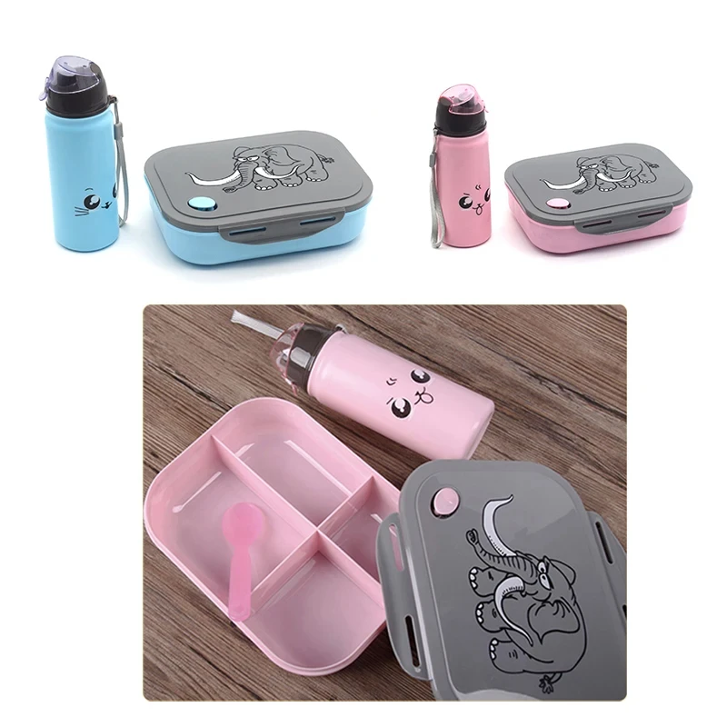 Cartoon Elephant Bento Box Water Bottle Set Portable Cute Microwave Divided Lunch Box Tableware For Back To School Outdoor Work