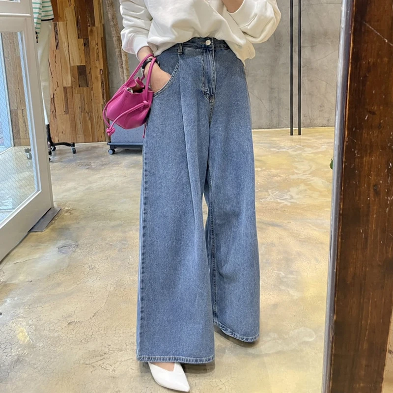 

Широкие джинсы с высокой талией в стиле ретро, новые летние женские модные длинные брюки со сложенным подолом, универсальные повседневные лыжные брюки с одной пуговицей...