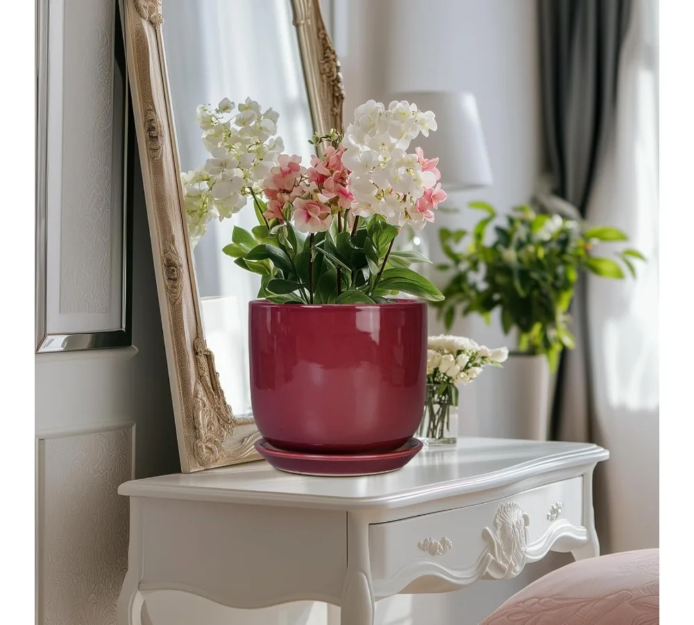 أصيص زهور سيراميك حديث مقاس 8 بوصة مع فتحة تصريف وصحن، حاوية نباتات داخلية وخارجية لديكور المنزل والأعشاب العصارية