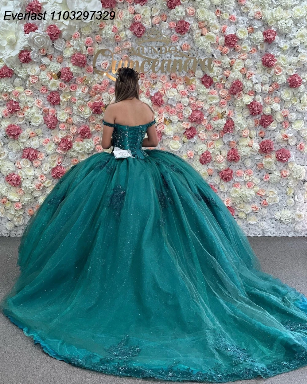 Evlast personalizado verde escuro quinceanera vestido de baile renda applique frisado cristal espartilho doce 16 vestido de 15 anos qd1026