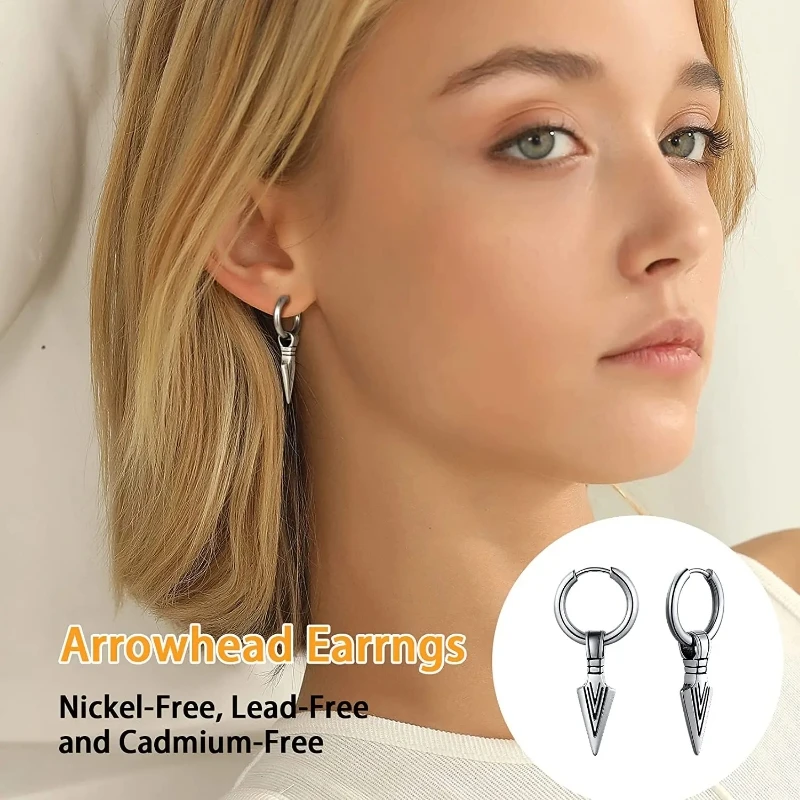 Triangular spearhead for men and women retro arrowhead punk earrings, stainless steel metal ear accessory gift, black, golden, w