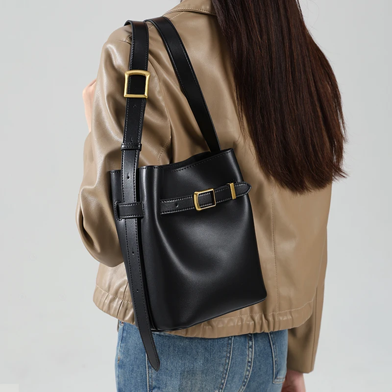 

Ladies Cow Split Leather Bucket Shoulder Bag Women Vintage Messenger High Quality Handbags Female Luxury Designer Crossbody Bags
