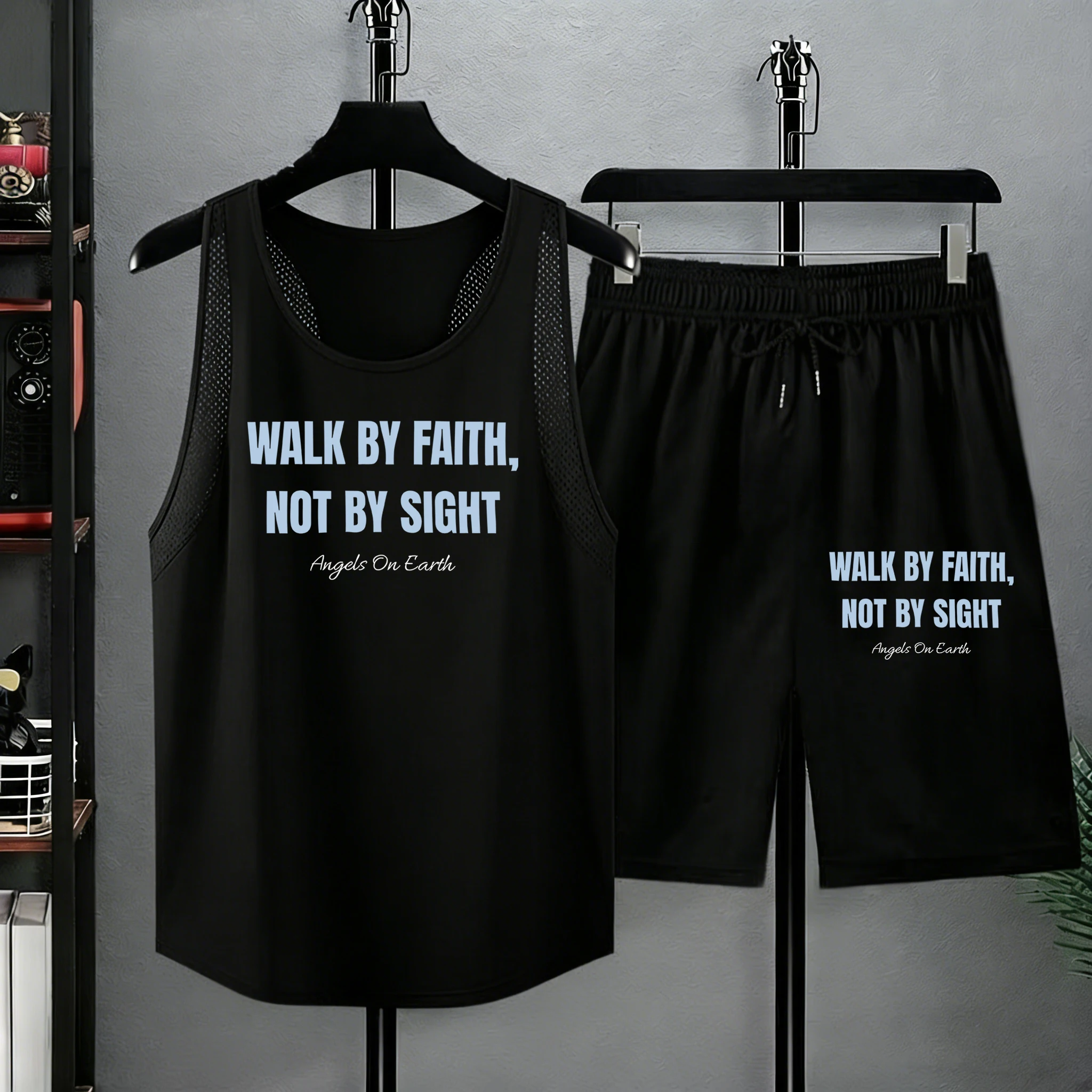 

Walk By Faith Not By Sight Print Fitness Quick Dry Vest Set Run Classic Sportswear Summer Man Pocket Beach Shorts Sport Pants