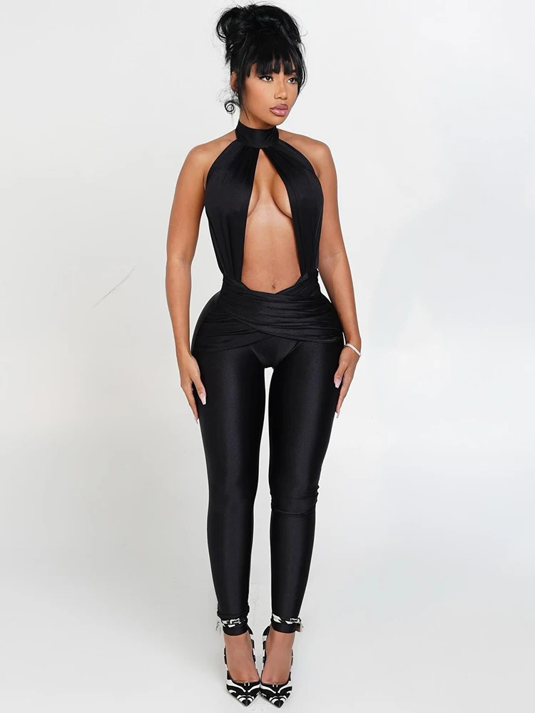 بدلة قفز مثيرة مجوفة من Kliou بدلة نسائية ذات ياقة مدورة وظهر مكشوف بدون أكمام ضيقة قابلة للتمدد ملابس حفلات منتصف الليل