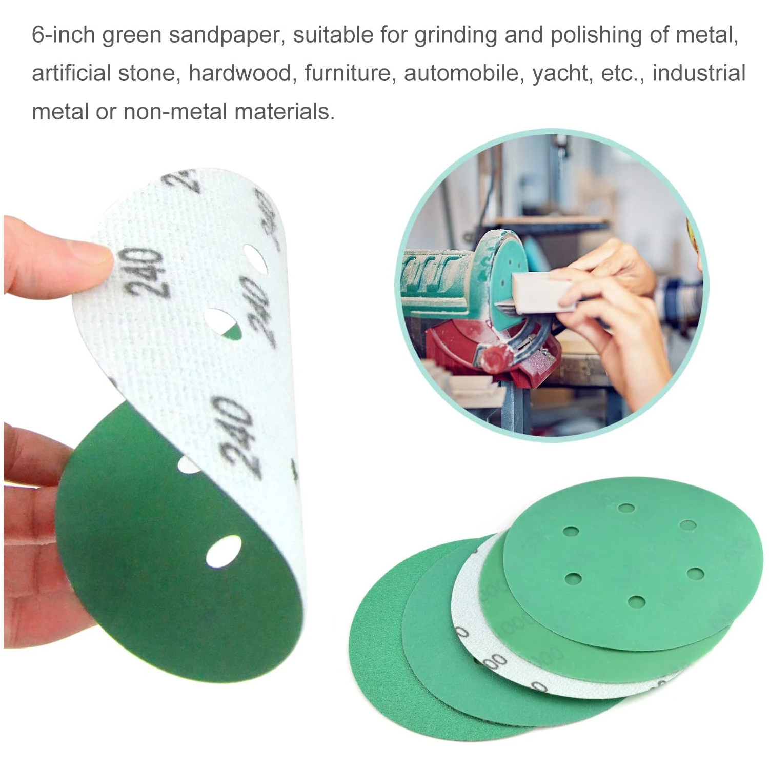 Dischi abrasivi a secco a 6 fori da 6 pollici assortimento di ganci e anelli pellicola per levigatrice senza polvere carta vetrata per finitura lucidante automatica in metallo