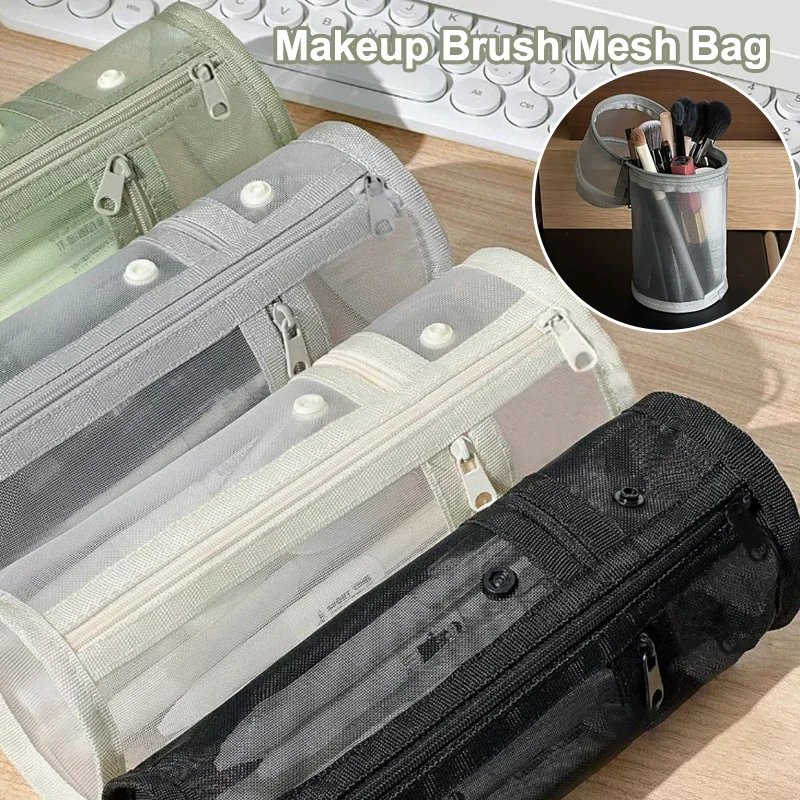 

Mesh Round Cosmetic Storage Transparent Bag Large Capacity Makeup Brush Organizer Pouch Travel Cosmetics Case For Brushes Tools