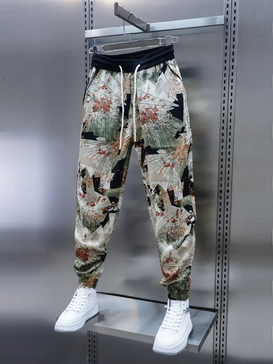 

Casual Ice Silk Men's Long Pants Spring Summer Thin Faionable Floral High End Sports Trousers Loose Fit Harlan Sle Youthful
