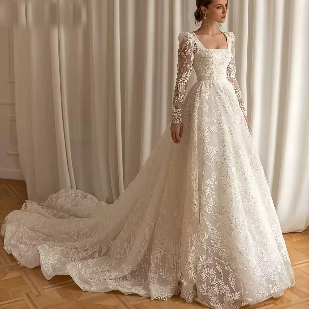 Customized Detachable Sleeves Square Neck Wedding Dress Lace Applique Bride Robe Graceful A-line Long Robe Bridal Gown