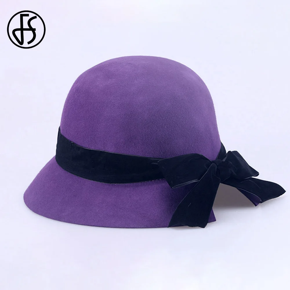 FS 2024 Purple Big Fedora Winter Hat Woman Elegant Bowler Hat With Bow Wool Felt Fedoras Lady Vintage Elegant Church Millinery