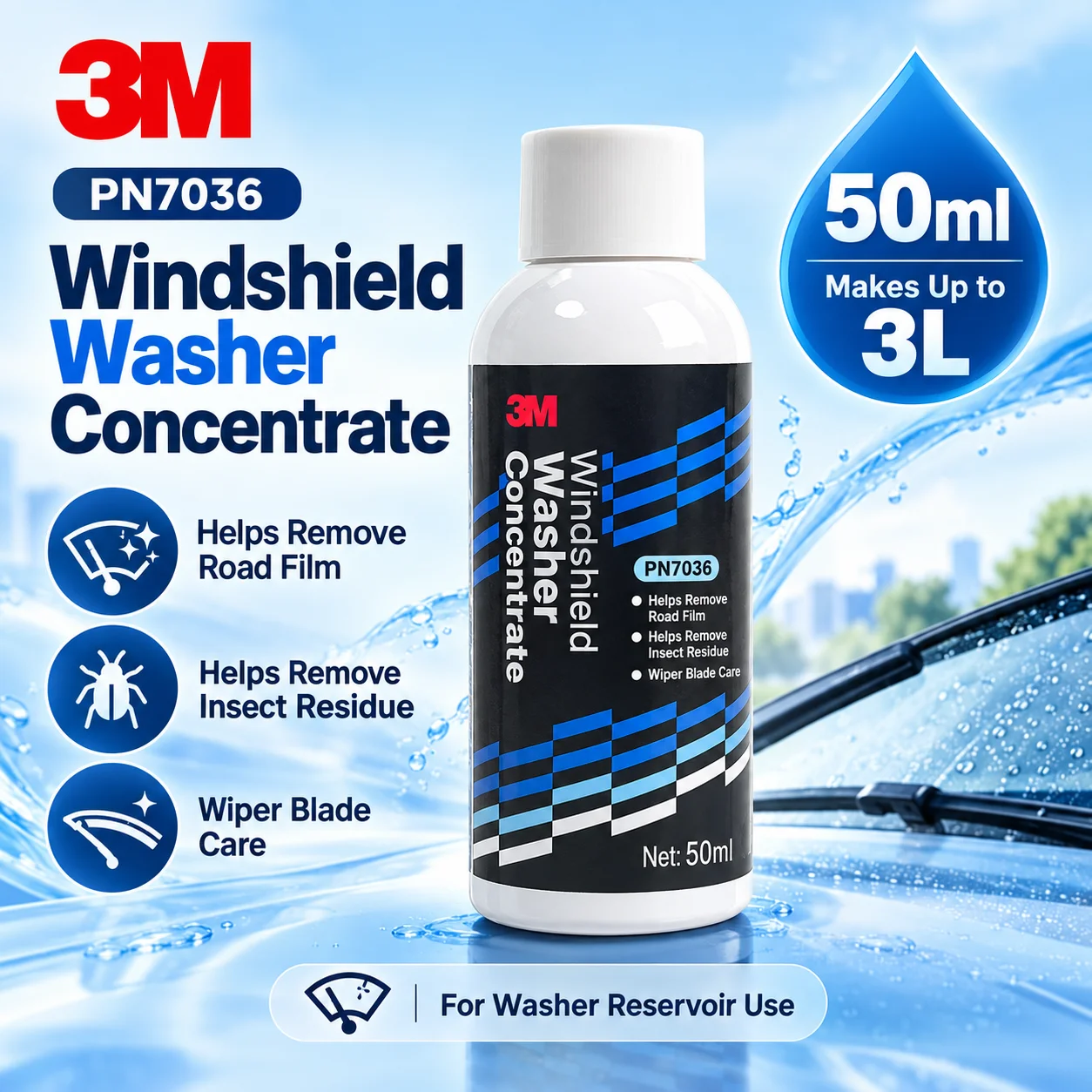 3M PN7036 Windshield Washer Concentrate Road Film Cleaner for Car Washer Reservoir 50ml Up to 3L