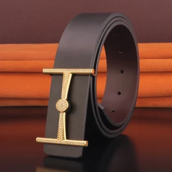 Cinturón de cuero negro para hombre, correa de 3,8 cm de ancho con hebilla antideslizante y letras, Color café, alta calidad