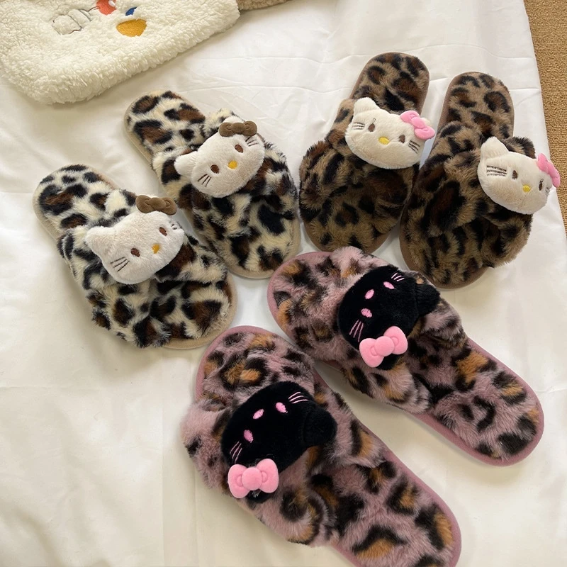 Sanrio Hello Kitty Leopard Lady Slippers Cartoon Cartoon Sweet Cool Kawayi Autumn And Winter Fashion Joker Platform Home Shoes