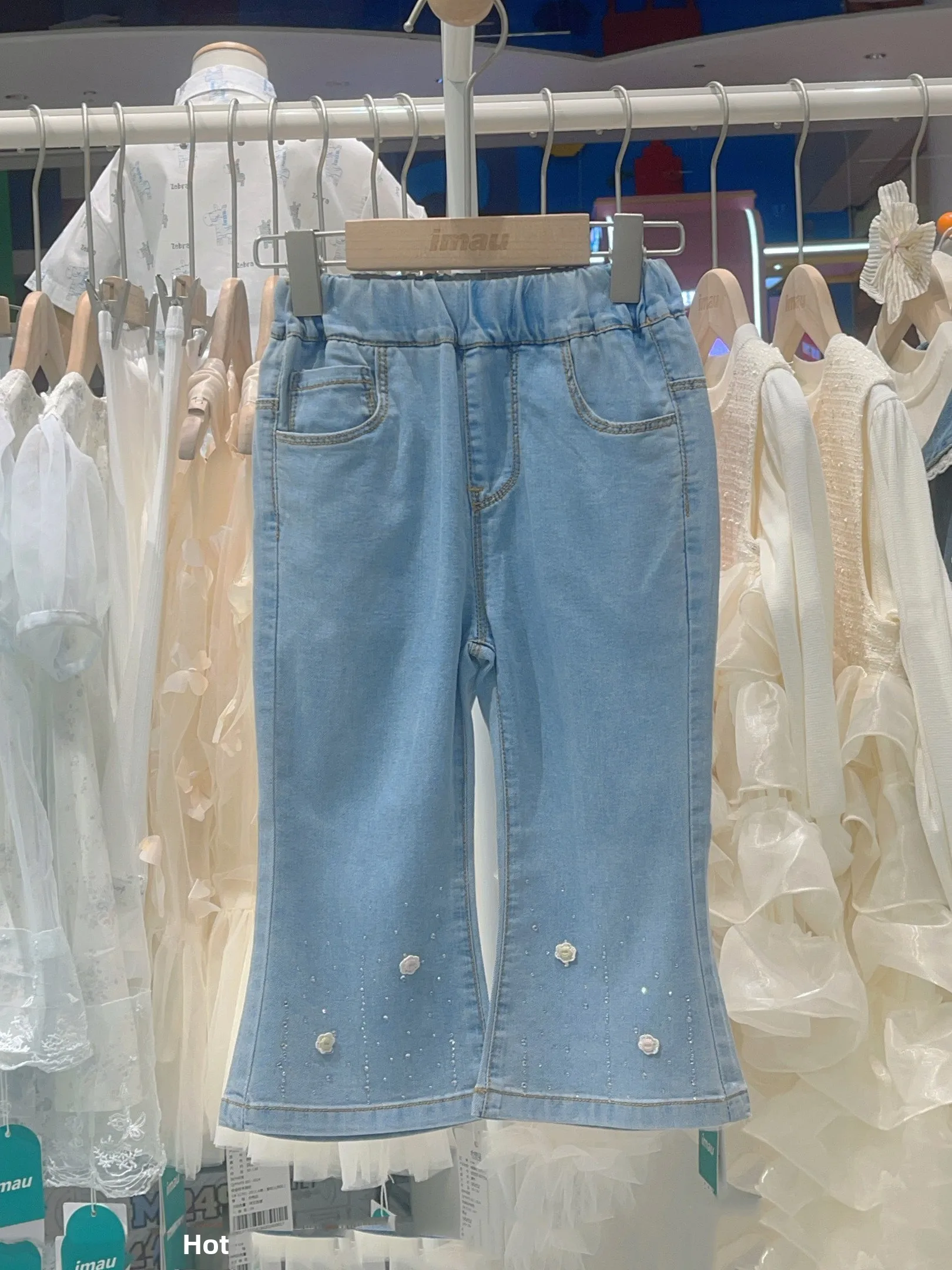 summer-children's-floral-rhinestone-micro-flare-jeans-girls-casual-cotton-blend-pants-middle-waist-elastic-band-a-class-safety