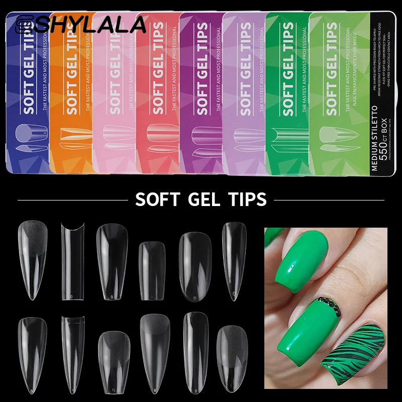 440/550pcs Clear Acrylic Long Fake Nails Capsules Almond French Coffin Full Half Cover False Nails Artificial Nail Soft Gel Tips