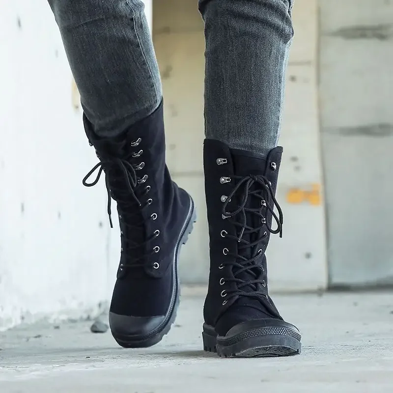 الرجال البريطانية عالية أعلى قماش منتصف العجل الأحذية ربيع الخريف في الهواء الطلق المضادة للانزلاق الرمال الغبار برهان قطعة واحدة اللسان أحذية عمل
