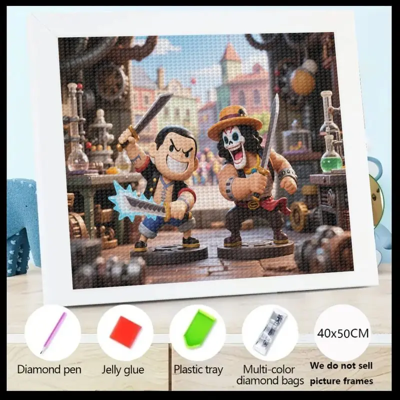 

1PC 5D Full Drill Diamond Painting Kit Featuring Cartoon Anime One Piece Inspired Franky & Brook Chibi Character Battle Scene, D