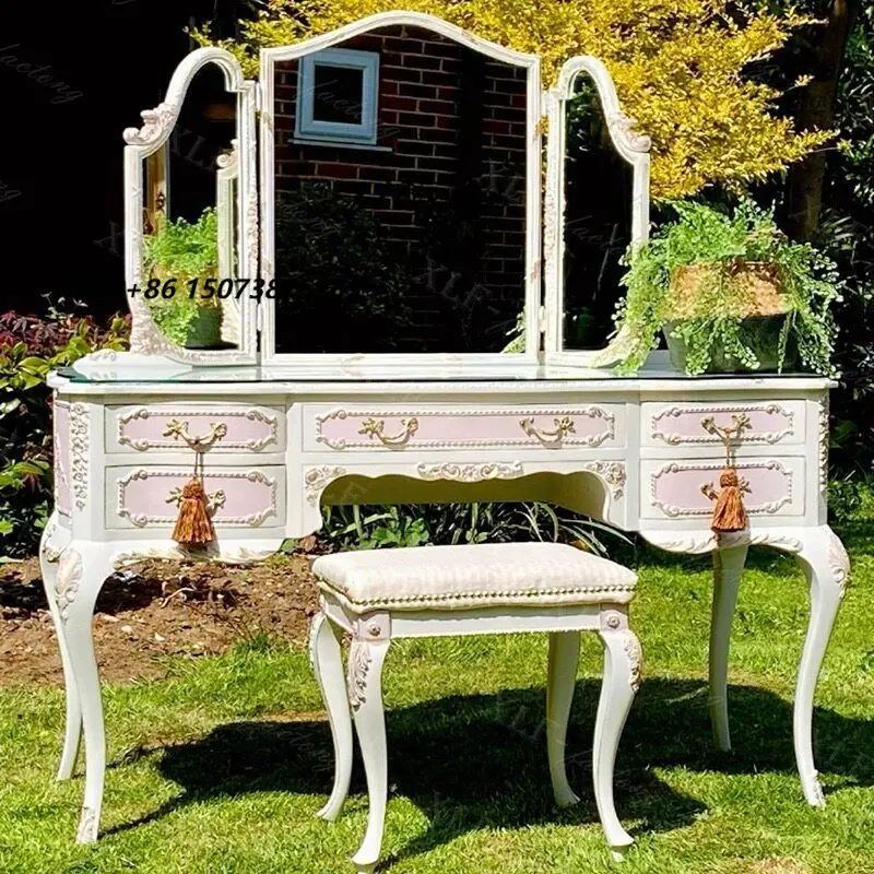 OEM Custom European White Carved Vanity Set Smart Lighted Mirror Vintage Dressing Table Storage Luxury Princess Bedroom