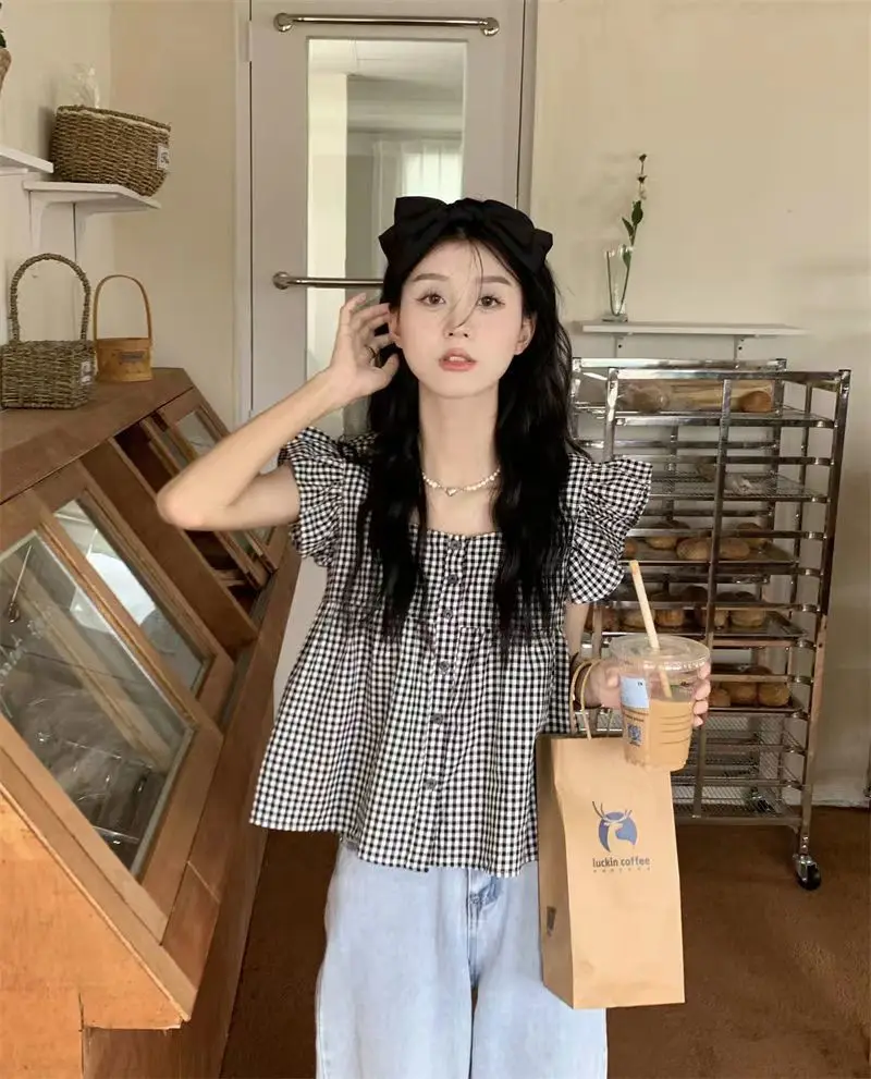 قميص نسائي صيفي قطني على الطراز الكوري - قميص فضفاض لطيف برقبة مربعة قابلة للتنفس مع أكمام مرفرفة صغيرة