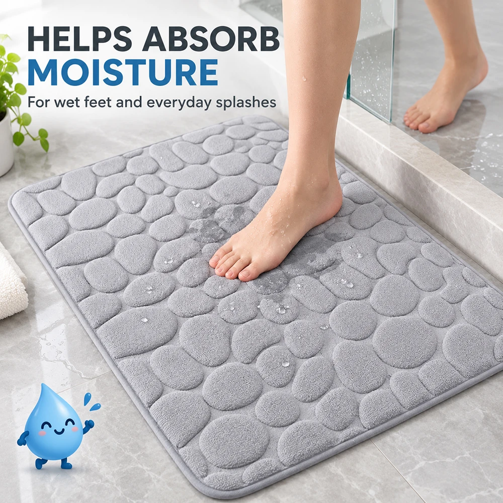 3D Pebble Bath Mat Absorbent Non Slip Bathroom Rug Soft Plush Shower Floor Carpet for Tub Vanity Bedroom Laundry Room Home Decor