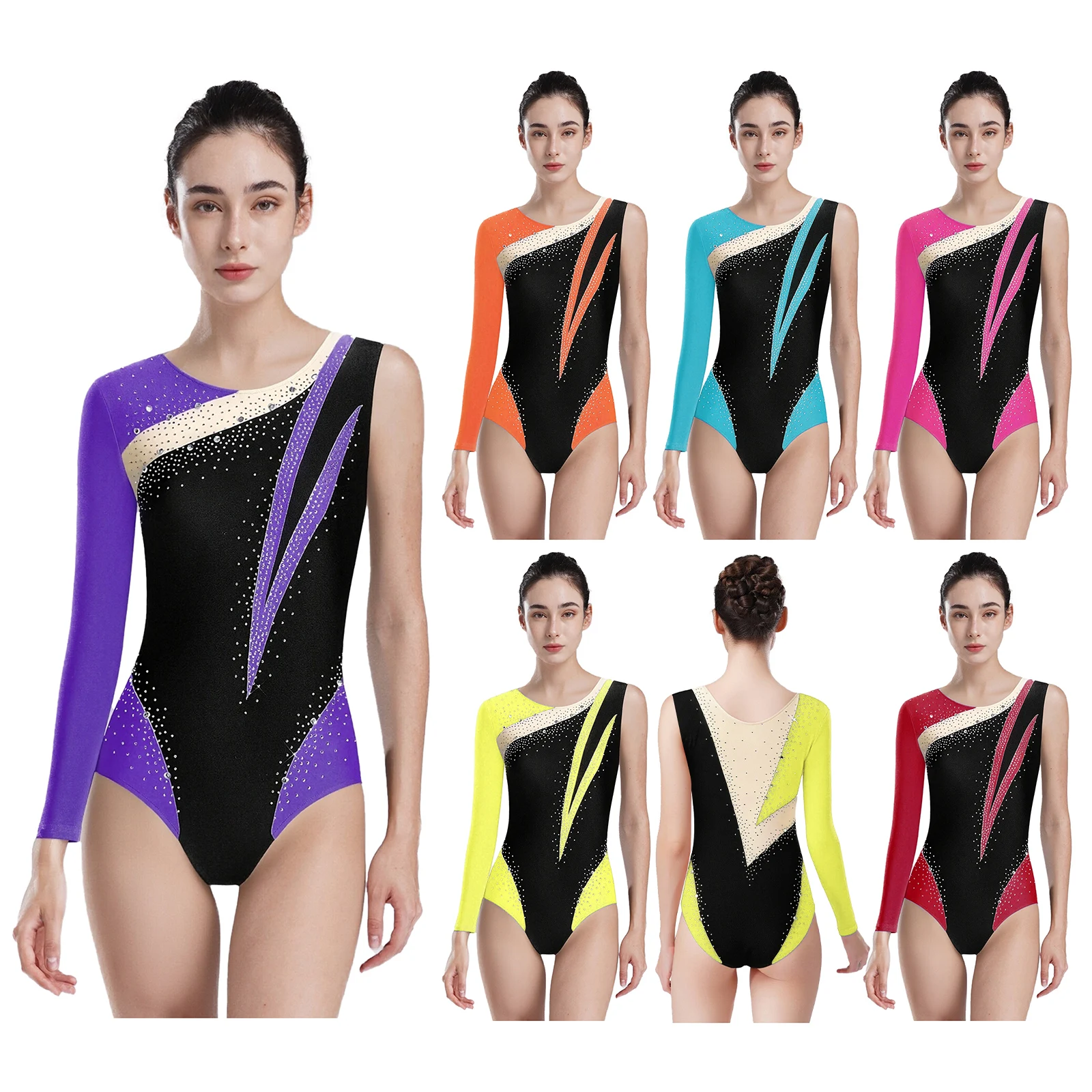 Frauen Glänzende Strass Eiskunstlauf Künstlerische Gymnastic Trikot Eine Schulter Ballett Tanz Body Rhythmische Akrobatik Kostüm